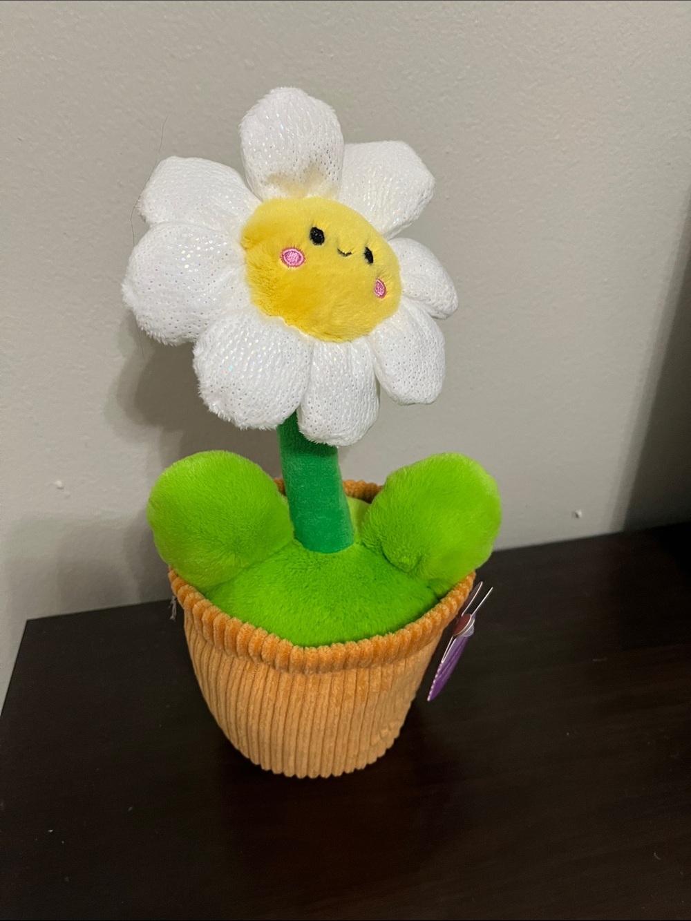 Plush Smiling Daisy in Orange Pot - White, Yellow, Green